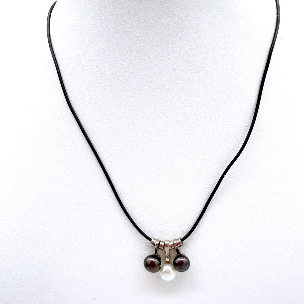 Khai Pearl‎ Jewelry Black Cord Necklace Gray White Faux Pearl Modern Pendant
